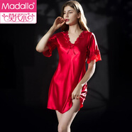 莫代爾新款睡衣女夏睡裙仿真絲綢短袖冰絲連衣裙蕾絲家居服大碼睡衣女 306款大紅色冰絲 3XL (180)