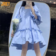 Jret日系甜美軟妹連衣裙女2024夏季新款寬松顯瘦小清新泡泡袖娃娃裙 藍(lán)色 S 建議80-95斤
