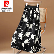 皮爾卡丹（pierre cardin）23夏季新款高腰雪紡印花遮跨顯瘦中長款a字大擺半身裙子女 黑色大花 M 建議100-115斤