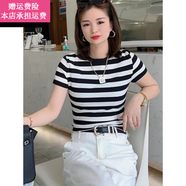 Fickan橫條紋短袖t恤女夏季黑白女修身顯瘦獨(dú)特別致正肩短款上衣女 條紋 M (建議98-108斤)