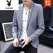 花花公子（PLAYBOY）2025春秋新款男士休閑單西服外套韓版修身帥氣格子青年小西裝潮流 J27-2012西裝藍(lán)灰色 L (165) 建議105-120斤