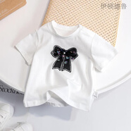 伊頓德魯女童童裝夏季短袖糖果色時(shí)髦洋氣簡(jiǎn)約蝴蝶結中小童短袖甜美T恤衫 白色 5202 90cm