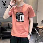 花花公子（PLAYBOY）夏季純棉短袖t恤男士冰絲薄款透氣潮流牌情侶學(xué)生大碼T上衣服半袖 47秀紅 6XL