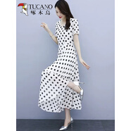 啄木鳥(niǎo)（TUCANO）2026法式黑白波點(diǎn)連衣裙女夏雪紡感氣質(zhì)大碼胖MM大擺圓點(diǎn)長(cháng)裙 白色 2XL 建議125-135斤