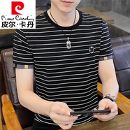皮爾卡丹（pierre cardin）男士短袖t恤2025夏季新款圓領橫條紋體恤衫半截袖上衣服 1黑色 M 90-105斤