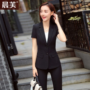 晨芙短袖職業(yè)西裝外套女夏氣質(zhì)面試正裝兩扣西服套裝女商務(wù)酒店工作服 黑色西裝+西褲 XL 建議110-120斤