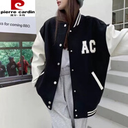 皮爾卡丹（pierre cardin）棒球服外套女學(xué)生潮牌ins春秋新款韓版顯瘦bf原宿港風(fēng)夾克衫 W19-AC 黑色【高品質(zhì)】 常規(guī) M 【85-100斤】