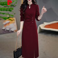 皮爾卡丹（pierre cardin）感氣質(zhì)紅色連衣裙女士春秋季媽顯瘦喜婆婆婚宴旗袍禮服裙子 紅色 XL 【建議90-105斤】