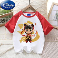 迪士尼（Disney）男童哪吒純棉短袖夏季2025新款時(shí)尚兒童卡通T袖帥氣男孩插肩上衣 紅色B款哪吒插肩短袖 130 (身高115-125cm)