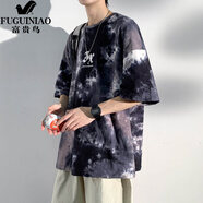 富貴鳥（FUGUINIAO）扎染短袖t恤男夏季加肥加大碼潮胖子寬松痞帥半截袖嘻哈體恤.衫 藏青 L