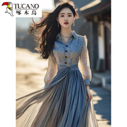 啄木鳥(niǎo)氣場(chǎng)強大高端精致假兩件拼接收腰法式感藍色襯衫連衣裙女春裝 圖片色 M 85-105斤