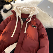 棉致加厚假兩件連帽棉服女2024新款棉衣秋冬季外套女面包服棉襖不跑棉 2316紅色【高品質(zhì)】 M 100-120斤