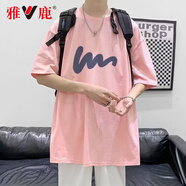 雅鹿短袖T恤男純棉夏季男裝潮流港風(fēng)寬松半袖上衣閑潮牌半截袖體恤 T398粉色 XL 【建議體重140-160斤】