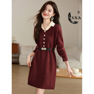SXA香港潮牌長(cháng)袖針織連衣裙女2025春秋新款氣質(zhì)內搭小個(gè)子打底毛衣裙 安可拉紅 M