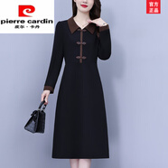 皮爾卡丹（pierre cardin）娃娃領(lǐng)長袖改良旗袍連衣裙女2025秋冬新款高貴洋氣質(zhì)媽媽黑色裙子 黑色 M 90-100斤