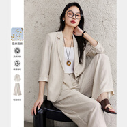 梵希蔓燕麥色亞麻通勤套裝女2025年春季新款西裝外套闊腿褲兩件套 A0151 燕麥色 M
