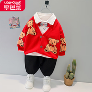【三件套】樂(lè )芭鼠童裝兒童套裝女寶寶衛衣套裝春秋季卡通小熊嬰幼童小孩衣服可愛(ài)1-6歲洋氣運動(dòng)男童女童潮 紅色（領(lǐng)結小熊三件套） 90碼建議1-2歲 ( 80-90cm )