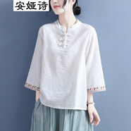 安婭詩棉麻襯衫女春夏季寬松休閑提花刺繡襯衫女中國風(fēng)立領(lǐng)襯衣女裝上衣 白色*棉麻襯衫 均碼 *刺繡七分袖襯衫