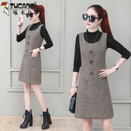 啄木鳥(niǎo)千鳥(niǎo)格毛呢馬甲裙背心裙女無(wú)袖秋冬大碼時(shí)尚打底裙修身顯瘦連衣裙 1985咖啡格 L