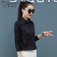 啄木鳥(niǎo)2025春秋新款印花襯衫女長(cháng)袖修身韓版打底花襯衣學(xué)院大碼雪紡衫女 黑色 S