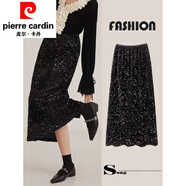 皮爾卡丹（pierre cardin）絲絨亮片半身裙女包臀裙閃閃亮復古直筒中長裙子春秋新品黑色裙子 黑色 均碼