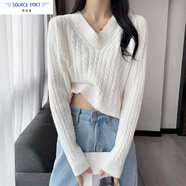 壹源港慵懶風(fēng)V領(lǐng)麻花針織衫女春夏套頭短款毛衣小個(gè)子短款外穿長(zhǎng)袖上衣 白色 均碼