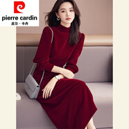 皮爾卡丹（pierre cardin）春季上流社會(huì )女神范感氣場(chǎng)強大新年安可拉紅色絲絨收腰連衣裙 酒紅色絲絨裙 S 【80-100斤】