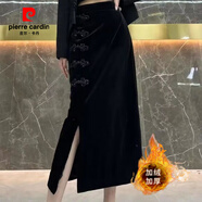 皮爾卡丹（pierre cardin）重工中式國風加絨金絲絨半身裙女秋冬新款開叉大碼中長款一步裙子 黑色【金絲絨】 加絨 5XL 建議170-190斤