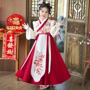 芭米諾漢服女童冬款新年古裝過年冬季唐裝國風兒童拜年服 紅色裙子 110