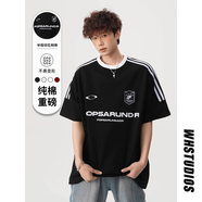 OEMG 美式街頭三條杠短袖t恤男女夏季新款寬松圓領(lǐng)重磅運(yùn)動青年體恤衫 黑色 L [建議105-120斤]