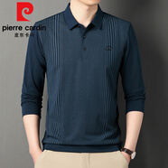 皮爾卡丹（pierre cardin）春秋季2025新款條紋印花爸爸長袖T恤男士翻領(lǐng)上衣中年打底衫男裝 831藏青 165/105(推薦100-120斤) M
