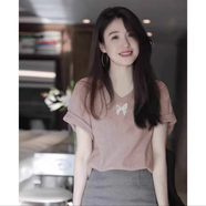 慕伊銘（MUYIMING）2025歐貨夏季粉色別致V領(lǐng)短袖T恤女設(shè)計(jì)感小眾顯瘦體恤 藕粉色【純棉條紋蝴蝶】 L 110-125斤