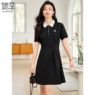 她享短袖連衣裙女襯衫領(lǐng)收腰顯瘦設計百搭時(shí)尚中長(cháng)裙T143Q1391