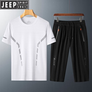 吉普（JEEP）冰絲短袖t恤男夏季速干半袖休閑上衣服中老年40-50歲爸爸夏裝套裝 白色(8903)+黑色七分褲(333) M 尺碼偏小點(diǎn)