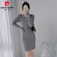 皮爾卡丹（pierre cardin）圓領(lǐng)針織連衣裙女修身內(nèi)搭中長款收腰包臀打底毛衣短裙子2025秋冬 灰色 M 100-110斤