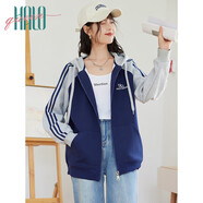 Halo Queen衛衣外套女連帽條紋短外套休閑寬松運動(dòng)風(fēng)開(kāi)衫上衣新品H143W1009