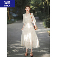 羅蒙（ROMON）女裝鏤空短袖連衣裙2024夏季新款時(shí)尚溫柔風(fēng)白色小仙女中長(zhǎng)款裙子 米杏色 L