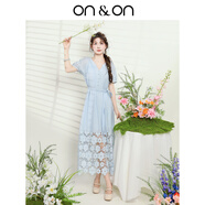 ON&ON/安乃安連衣裙2025夏季韓系氣質(zhì)V領(lǐng)蕾絲拼接時尚系帶收腰顯瘦長裙 淡藍色 M