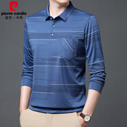 皮爾卡丹（pierre cardin）夏季冰絲男士t恤長(zhǎng)袖春秋新款中老年休閑男裝薄款爸爸有兜體恤衫 B753橫條 藍(lán)色 2XL 180/120/54