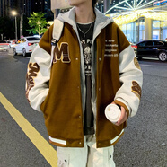 普戈斯（PUGESI）棒球服男外套春秋季胖子加大碼新款潮流寬松百搭拼色圓領夾克 J815咖啡色春秋連帽款 L