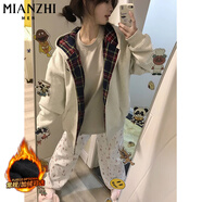 棉致美式重磅拼接格子開(kāi)衫衛衣連帽短外套女春秋冬季新款寬松韓版加絨 669花灰色【常規高品質(zhì)41.5】 L 100-120斤