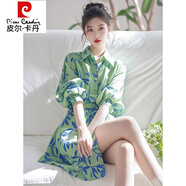 皮爾卡丹（pierre cardin）綠色印花襯衫連衣裙韓系千金感洋氣獨特漂亮設(shè)計感絕美溫柔風(fēng)裙子 綠色印花襯衫連衣裙 L