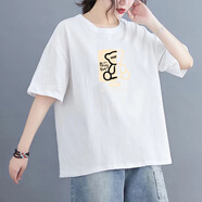 辭檸品牌折扣出口專柜日系2024白色純棉寬松上衣女印花T體恤 白色金雄 M 建議90-115斤