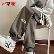 雅鹿褲子男夏季薄款潮流男裝華夫格男褲男士寬松束腳休閑褲潮牌長(cháng)褲 灰色【春秋款-束腳款】 XL (建議體重120-140斤)