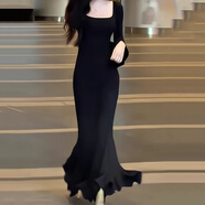 妙奕嘉步步生蓮魚尾裙長袖連衣裙女裙子生日禮服純欲性感包臀裙大碼女裝 步步生蓮長袖顯瘦魚尾裙 L 【建議130-140斤】