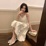 FSHE吊帶連衣裙女蕾絲性感度假海邊高級感氣質收腰V領白色長裙女百搭 白色.. S