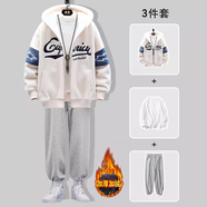 gxmy羊羔絨棉衣男冬季潮牌連帽棉服男士外套搭配衣服男裝棉襖三件套 Y017白色+棉白T+加絨灰衛褲 3XL 【適合160-180斤】