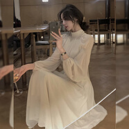 云拿月法式白色高領(lǐng)連衣裙春秋女仙女溫柔風(fēng)感配大衣設計感小眾裙子 米白色 M