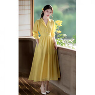 鳶諾大碼胖mm法式獨特絕美氣質(zhì)襯衫連衣裙女春季新款時(shí)髦黃色收腰長(cháng)裙 連衣裙 腰帶可以拿下來(lái) L 【建議105-115斤】