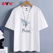 雅鹿短袖t恤男純棉圓領(lǐng)韓版寬松大碼半截袖青少年學(xué)生夏季休閑男士t恤 白/藍飛機 XL （重140-150斤高170-175）